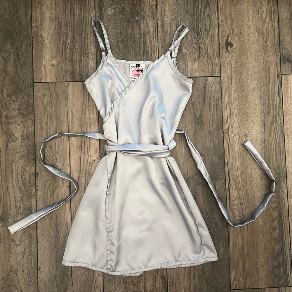 OMighty icy blue silver satin spaghetti strap mini wrap dress